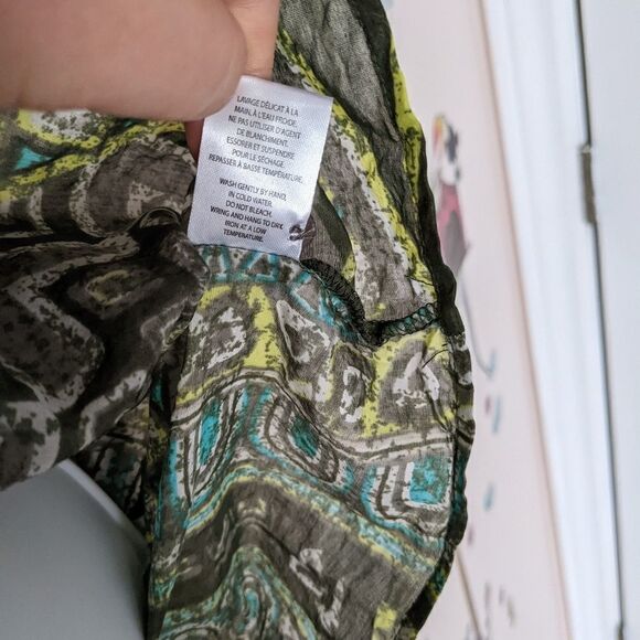 Ruffle cotton silk top abstract print green Large @K1 - Picture 6 of 13